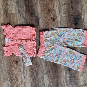 Little Lass Top, Pants, & Headband Set, Size 2T, Floral, Neon Coral, Eyelet